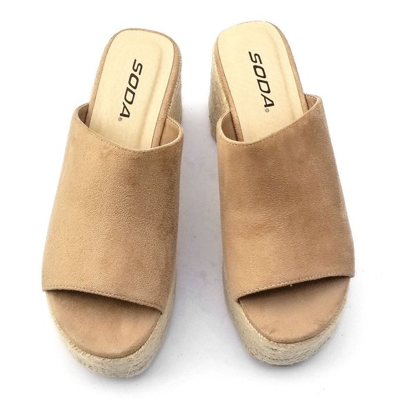 New Wheat Beige Slip on Espadrille Platform Wedge Slides Sandals - Picture 3 of 4